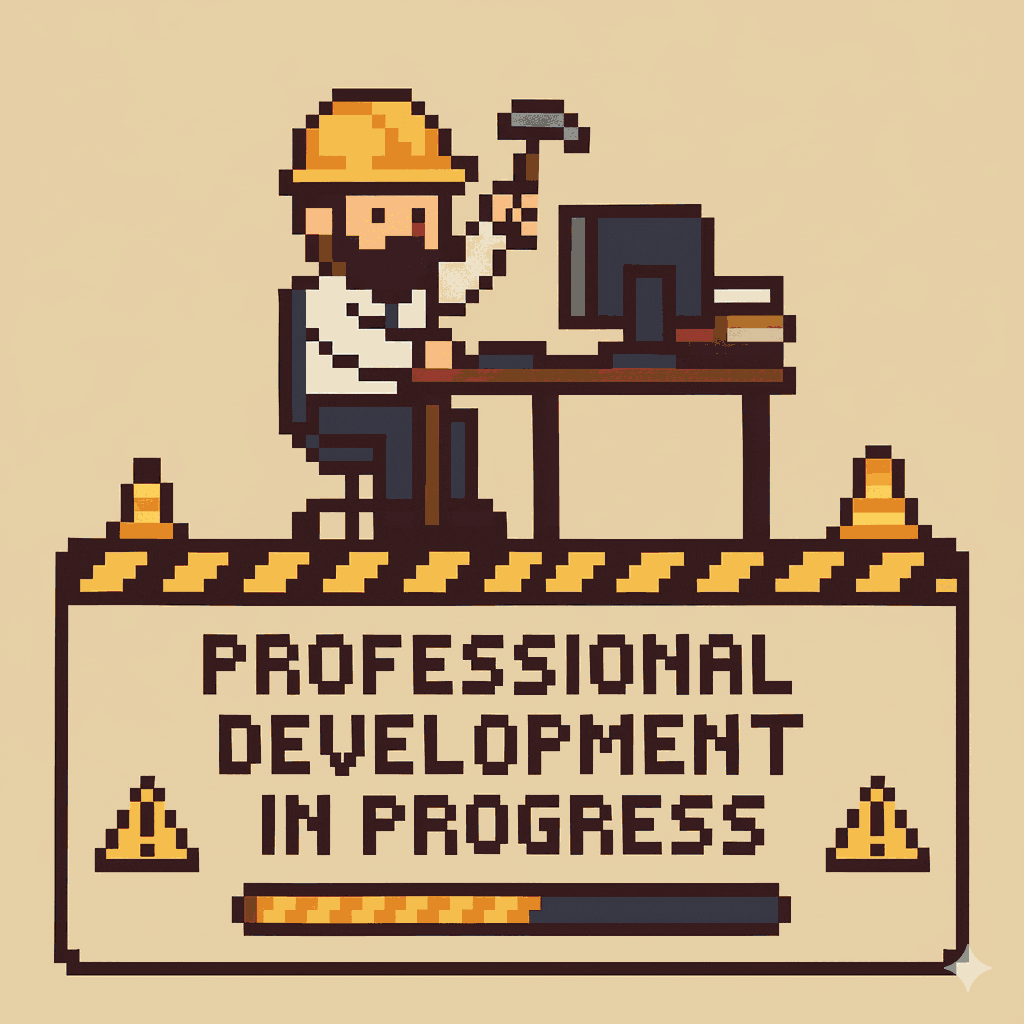 An old school under construction sign but with a white collar worker